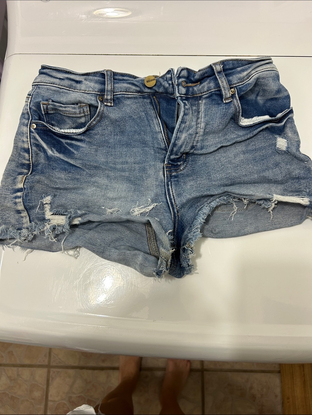 Frayed Light Blue Denim Jean Shorts - Women's Casual Cutoff